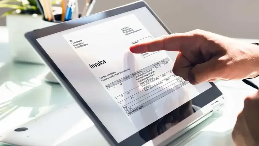 Χέρι πάνω σε tablet με ηλεκτρονικό τιμολόγιο